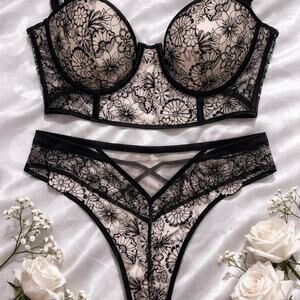 Victoria’s Secret Luxe Floral Embroidered Bustier Bra 34DD + Panty Set M NWT